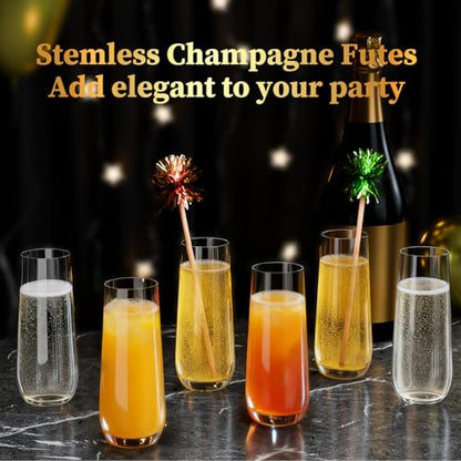 Guanqiao 12 Pack Stemless Plastic Champagne Flutes, 9 oz Clear Disposable Plastic Glasses, Heavy Duty Shatterproof Recyclable Mimosa Glasses for Party Wine Tasting Wedding New Years Eve Party Supplies - color: Clear, size: 12-Pack