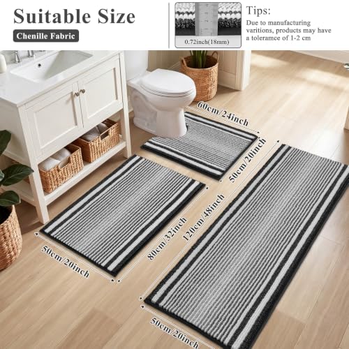 HEBE Chenille Bathroom Rugs Sets 3 Piece, Non Slip Washable Bath Mats Set | Absorbent Bathroom Mat Set, Soft Bath Rugs, Ultra Plush Bath Mat and U-Shaped Contour Toilet Rug Set for Tub Shower, Black - color: Black