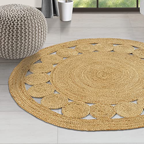GRUHUM Jute Area Rug 6 ft Round Natural Hand Woven Farmhouse Rustic Charm | 100% Natural Jute, Boho Braided Vintage Beige Reversible Low Pile Eco-Friendly Indoor Bedroom Living Room Hallway Home Decor - color: Natural- 28, size: 6' (Round)