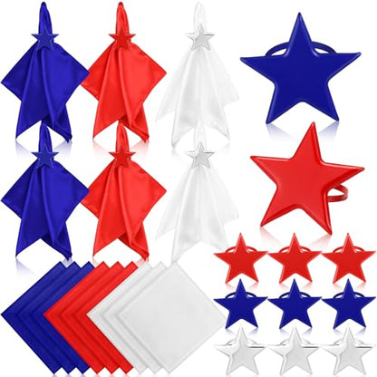 24 Pcs Patriotic Cloth Napkin with Metal Napkin Rings Set 4th of July Red White Blue Silver Star Ring Holder for 250th Anniversary Independence Day Party Dining Table Decoration