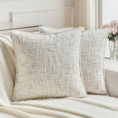FUTEI Pack of 2 Tweed Chenille Throw Pillow Covers 18x18 Inch, Cream | Premium Chenille Front/ Smooth Velvet Back,Hidden Zipper,Machine Washable,Pilling-Resistant,Colorfast, Insert Not Included. - color: Cream, size: 18" x 18" (Pack of 2)