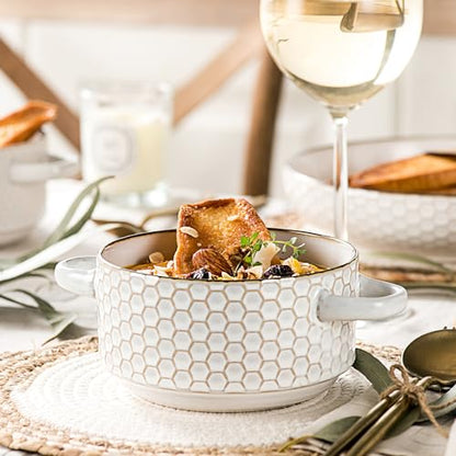 Ceramic Soup Bowls Set - 27 Oz French Onion Soup Crocks with Handles | Embossed Stoneware Bowls for Soup Cereal Beef Stew Chili - Microwave Dishwasher Oven Safe - Set of 4 - color: White