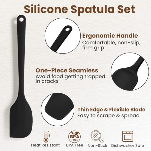 Silicone Spatula Set,9-Piece BPA Free Food Grade Heat Resistant Spatulas for Cooking Baking,Seamless One Piece Design,Non-Stick Safe,Dishwasher Safe,Withstands -104°F to 600°F（Black） - color: Black