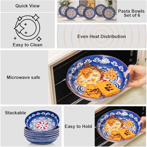 Yeacccng Bohemian Pasta Bowls Set of 6, 8.5 Inch 35 Oz Ceramic Serving Bowls, Blue Color Block Design, Lead-Free Cadmium-Free, Dishwasher Microwave Oven Safe, Scratch-Resistant Salad Soup Bowls - size: 8.5 inch pasta bowl (Blue*6)