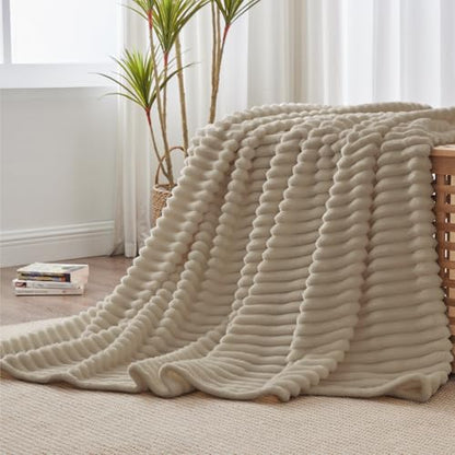 Nookly Linen Twin Size Fleece Blanket, Soft Lightweight Ribbed Plush Bed Blanket, Cozy All-Season Striped Fleece Twin Throw for Bedroom and Home, 60x80 Inches - color: Linen, size: Twin(60"x80")