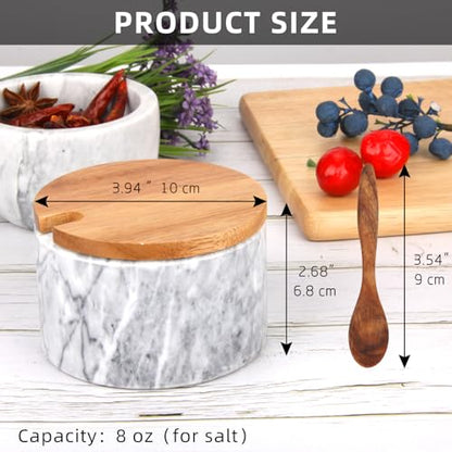 Marble Salt Cellar Box with Wood Lid & Spoon, Light Grey Bowl | Modern White Stone, Pepper Sugar Spice Seasoning Container, Jar Holder Well Keeper Dish Pig Crock, For Kitchen