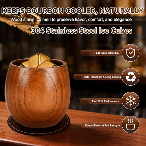 Charred Wooden Bourbon Drinking Glass Wooden Whiskey Glasses Set of 2 Complete Whiskey Gift Set Old Fashioned Glass Bourbon Gifts for Men (Gold Accents) - style: 2 Pack – Wooden Gift Box (Gold Accents)