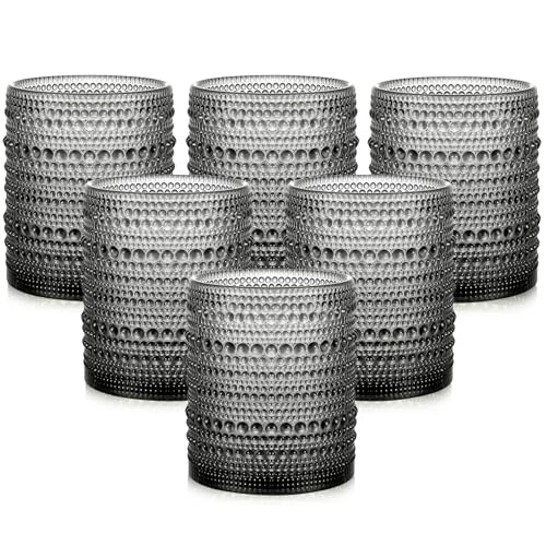 ZMOWIPDL Drinking Glasses Set of 6,12oz Grey Hobnail Glass Cups | Vintage Glassware，Embossed Water Tumbler,for Beer,Cocktail,Whiskey,Juice and Various Mixed Drinks- 1 Cleaning Brush - color: Gray