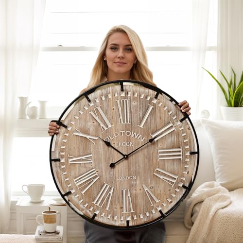 EMAX HOME 30 Inch Extra Large Wall Clock - Farmhouse Rustic Wood & Metal Design Silent Non-Ticking Battery Operated Decorative Oversized Clock for Living Room, Kitchen, Office & Bedroom - color: Brown, size: 30 Inch Roman numerals