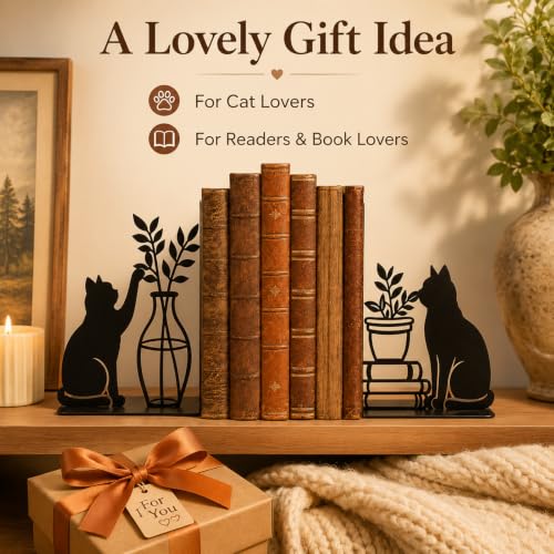 Decorative Cat Bookends, Metal Book Ends for Shelves - Cute Modern Cat Shape Bookend Holder for Bookshelf, Home Office Desk Decor, for Cat Lovers & Reading Enthusiasts