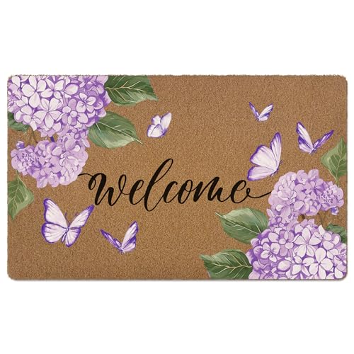 Hydrangea Floral Welcome Door Mat, Summer Purple Hydrangea Butterfly Artificial Coir Front Door Mat Indoor Outdoor Entrance, Cute Farmhouse Doormat Rug for Porch Entryway Patio Decor,17X30 Inch - color: Purple Hydrangea