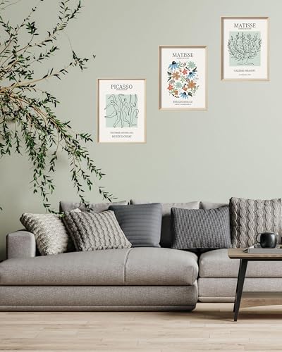 UPWOIGH Picasso Matisse Inspired Framed Art, 12 x 16 Inch, Set of 3 | Three Dancers, Floral and Tree Line Art Prints, Soft Pastel Tones, Light Wood Frames for Bedroom, Office and Gallery Wall - color: Matisse Picasso Green