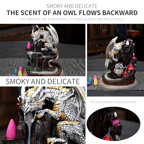 Dragon Backflow 2 Sided Mountain Waterfall Incense Burner,Fountain Smoke Incense Holder with Backflow Incense Cones, Tweezers, Mat，Resin Aromatherapy Meditationvaiuk (Silver) - color: Silver