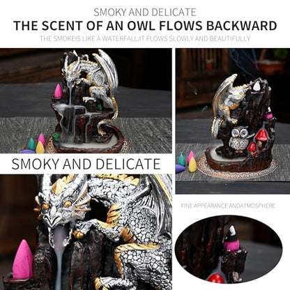Dragon Backflow 2 Sided Mountain Waterfall Incense Burner,Fountain Smoke Incense Holder with Backflow Incense Cones, Tweezers, Mat，Resin Aromatherapy Meditationvaiuk (Silver) - color: Silver