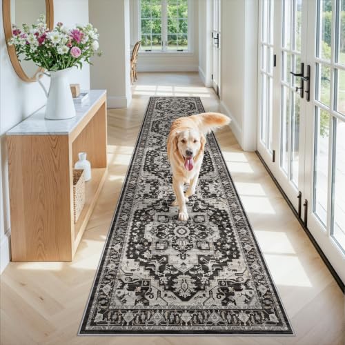 Washable 2'6x12 Hallway Runner Rug: Non-Slip Long Boho Kitchen Rugs Entryway Rug Runner Soft Low Pile Carpet Indoor Vintage Floor Mat for Bedroom Bathroom Laundry (Black/Beige/Grey,2'6''x12') - color: Black/Beige/Grey, size: 2'6" x 12' (Runner)