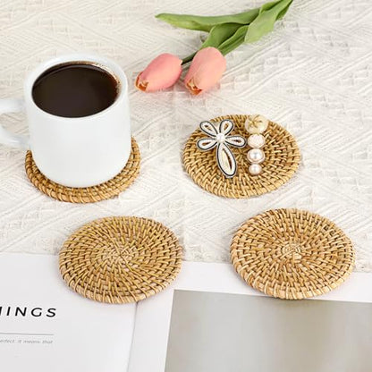 Drink Coasters Set of 6, Handwoven Rattan Coasters with Holder - Coaster for Coffee Table, Boho Cup Coaster for Home Decor Accents-Heat Insulation, 4 Inch(Natural Rattan) - style: Natural Rattan
