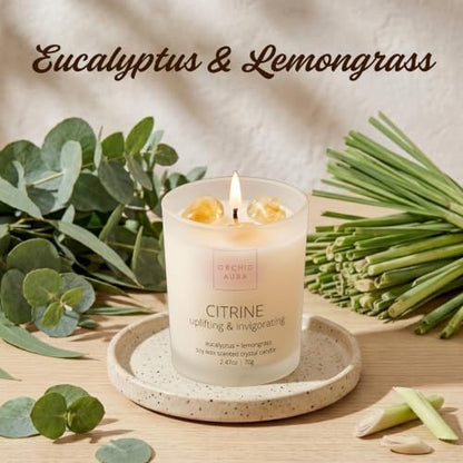 Soy Candles with Healing Crystals. Citrine, Rose Quartz, Amethyst Crystal. | Eucalyptus + Lemongrass, Jasmine + Sandalwood, Clary Sage + Lavender. 3PC Scented Crystal Candle Set, 2.47oz Each