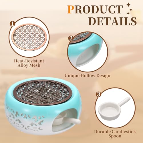 uxcell Teapot Warmer, Ceramic Tea Warmer Ceramic Teapot Heater with Alloy Pad Tealight Holder for Heating Coffee Milk Water Heatproof Dish Warming Use, Blue White Ocean Flower Design - color: Blue
