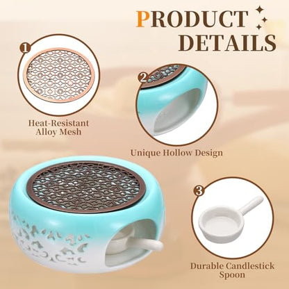 uxcell Teapot Warmer, Ceramic Tea Warmer Ceramic Teapot Heater with Alloy Pad Tealight Holder for Heating Coffee Milk Water Heatproof Dish Warming Use, Blue White Ocean Flower Design - color: Blue