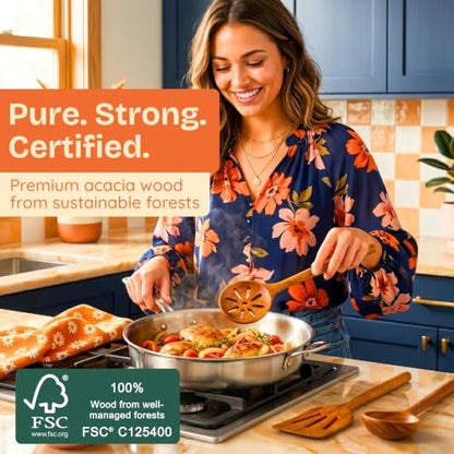 Non-Toxic Acacia Wooden Utensils Set, 6-Piece, Glue and Mineral Oil Free | One-piece solid wood. No hidden adhesives. Petroleum free. Finished with beeswax, flaxseed & lemon oil. Longer handles.