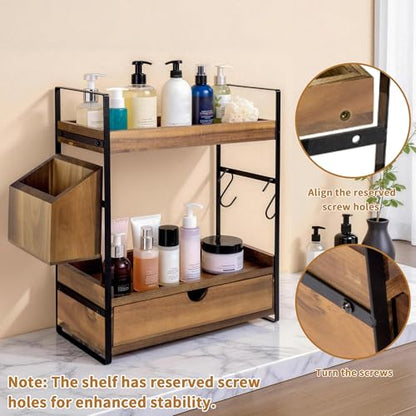 2-Tier Bathroom Counter Organizer, Acacia Wood Vanity Shelf with Drawer | Pre-Drilled Holes, Skincare & Makeup Countertop Organizer and storage, Acacia Dark Brown - color: Acacia wood-Dark Brown