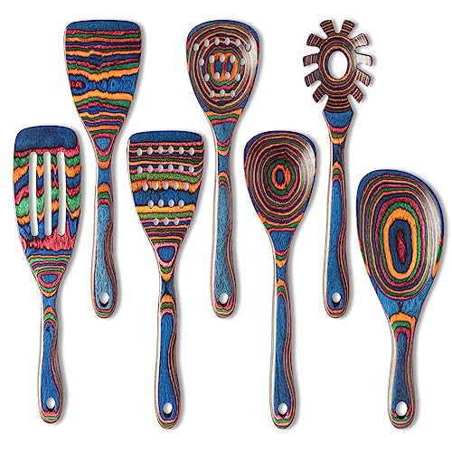 Gudamaye Pakka wood 7-Piece Blue Wooden Cooking Utensils, Wooden Spoons for Cooking, Wooden Spoon Set, Wooden Kitchen Utensil set, Pakkawood Cooking Spoons, Non-Stick Spoon,Pakkawood kitchen utensils - style: Pakkawood 7 PCS Blue