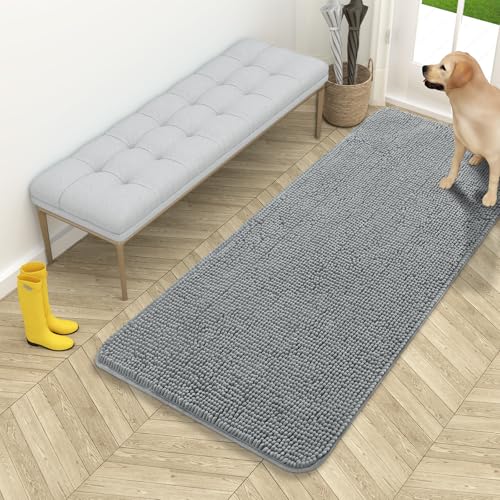 OLANLY Dog Door Mat for Muddy Paws 54x24, Super Absorbent Chenille Mud Mat | Grey, Absorbs Moisture and Dirt, Non-Slip Machine Washable Doormat, Quick-Drying Indoor Entryway Floor Carpet for Dogs - color: Grey, size: 54" X 24"