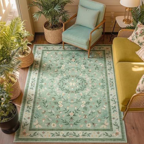 GarveeHome Wahsable 3x5 Non Slip Area Rugs for Bedroom Living Room Entryway | Vintage Low Pile Bedroom Carpet Foldable Stain Resistant Floral Bug Rug for Kids Room Nursery Dining Room Kitchen, Green - color: Green, size: 3'x5' (Rectangular)