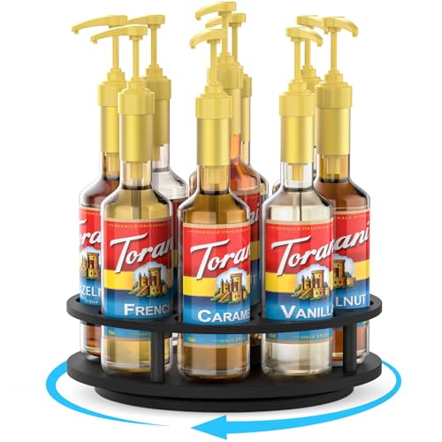 THYGIFTREE Rotating Coffee Syrup Organizer for Countertop, 9-Bottle Wooden Syrup Rack & Bottle Holder for Coffee Bar Station, Turntable Display Stand, Black - color: Black, size: 9 Bottles