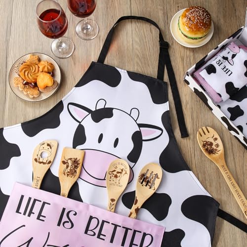 Funnymoom 10 Pcs Mother's Day Cow Kitchen Gift Set for Women Include Apron Oven Mitts Pot Holder Dish Towel Cooking Utensil Kit - style: Cow