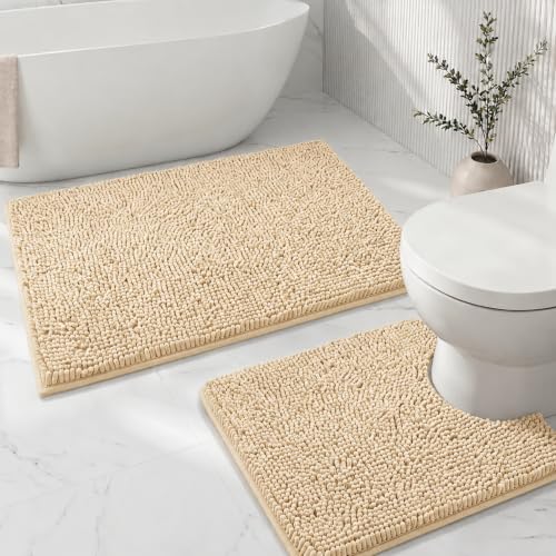 Bathroom Rugs Sets 2 Piece,Super Absorbent Soft,Thick,Machine Washable Chenille Bath Mat,Non Slip Toilet Floor Rug,Bath Mats for Bathroom,20x32 Plus 20x20 U Shape,Beige - color: Beige, size: 1'8" x 2'8" (20x32''+20x20''U shape)