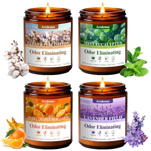 4-Pack Odor Eliminating Candles, 28 oz Soy Scented Candle | Eliminates 95% of Pets, Smoke, Food and Bathroom Odors, 200 Hour Burn, Air Fresh Scent of Lavender,Orange,Mint,Cotton - color: Brown-Set, size: Brown-Set1