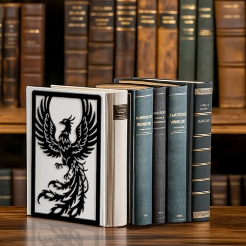 5.3"x4.3"x7.9" Metal Bookends, Heavy Duty Book Ends for Shelves | Phoenix Theme Cast Iron Book Supports, 1 Pair Decor Stoppers for Desk, Library, Office & Home Shelves - style: Phoenix