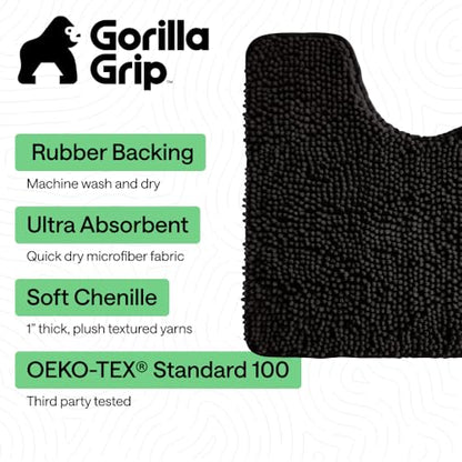 GORILLA GRIP Bathroom Rug Sets 3 Piece, Bath Mat Set and Oval Toilet Base with Rubber Backing, Plush Absorbent Shaggy Chenille Washable Mats, Includes 24x19.5, 24x17 and 30x20 Inch Rugs, Black - color: Black, style: 24"x19.5" + 24"x17" + 30"x20" - 3 Pack