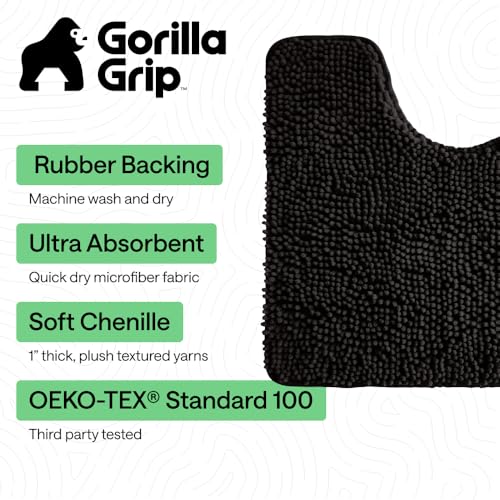 GORILLA GRIP Bathroom Rug Sets 3 Piece, Bath Mat Set and Oval Toilet Base with Rubber Backing, Plush Absorbent Shaggy Chenille Washable Mats, Includes 24x19.5, 24x17 and 36x24 Inch Rugs, Black - color: Black, style: 24"x19.5" + 24"x17" + 36"x24" - 3 Pack