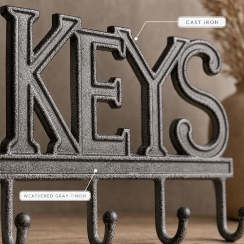 Comfify Gray Cast Iron Key Holder for Wall – Keys Sign with 4 Hooks | Neutral gray versatile finish; mounting hardware included; entryway, hallway or door; 6"H x 8"L; holds 8 keychains - color: Gray
