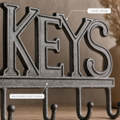 Comfify Gray Cast Iron Key Holder for Wall – Keys Sign with 4 Hooks | Neutral gray versatile finish; mounting hardware included; entryway, hallway or door; 6"H x 8"L; holds 8 keychains - color: Gray