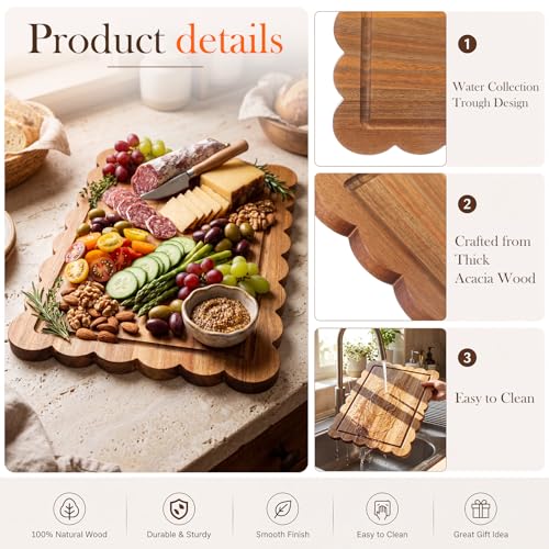 3 Pcs Housewarming Wedding Bridal Shower Kitchen Gift, Acacia Wood Scalloped Cutting Board with Salad Spoon Fork, Wooden Charcuterie Serving Tray Platter for New Home Party Table Decoration
