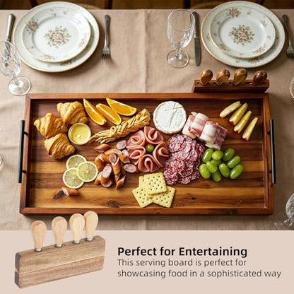 32" Extra Large Foldable Acacia Wood Charcuterie Board with Handles, Oversized Ottoman Tray with 4 Cheese Knives & Knife Holder, Folding Wooden Serving Tray for Cheese, Meat, Fruit, Bread, Kitchen