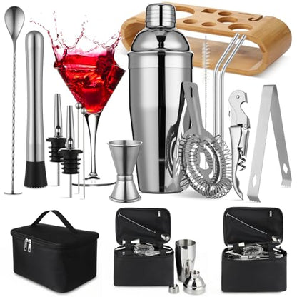 16 Pcs Bartender Kit Bag with Stand Portable Cocktail Shaker Set, 25oz Stainless Steel Barware Kit with Jigger, Strainer, Spoon, Ice Tongs, Gift for Cocktail Lover Travel