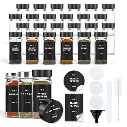 Spice Jars with Label, 24pcs 4oz Glass Spice Jars with Black Lids | Square Spice Containers with 304 Labels and Shaker Inserts, Empty Seasoning Bottles for Drawer, Cabinet, Seasoning Organizer - color: Black Lid*24 Jars
