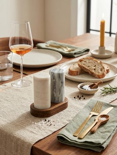 Elegant Marble Salt and Pepper Shaker Set with Acacia Wood Holder - Real Grey and White Marble Cylindrical Shakers for Kitchen Shelf, Table or Spice Rack - 1.75” x 3.75” Each