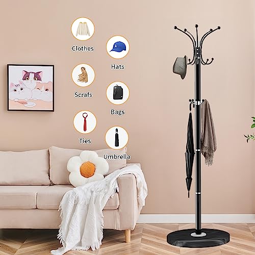 ZOZOE Metal Coat Rack Stand, Modern Coat Rack Freestanding with Natural Marble Base, 360° Rotary Design Coat Racks with 14 Hooks, Black Coat Tree Hanger Stand for Bags, Hats, Entryway, Office - color: Black 14 Hooks