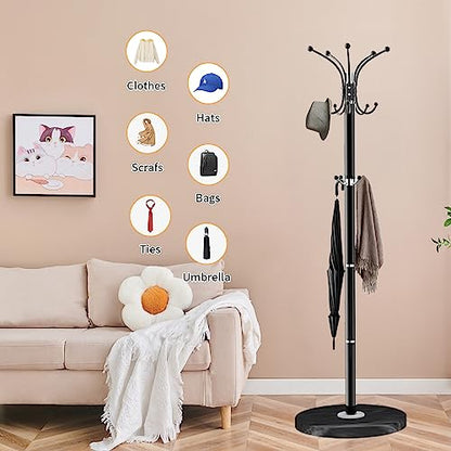 ZOZOE Metal Coat Rack Stand, Modern Coat Rack Freestanding with Natural Marble Base, 360° Rotary Design Coat Racks with 14 Hooks, Black Coat Tree Hanger Stand for Bags, Hats, Entryway, Office - color: Black 14 Hooks