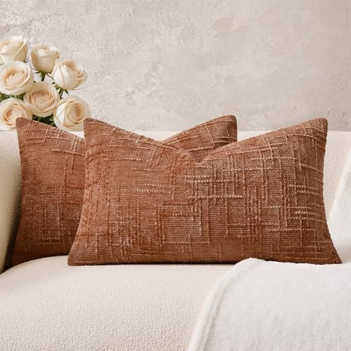 Throw Pillow Covers Pack of 2 12x20 Inch Textured Lumbar Pillow Covers, Soft Chenille Burnt Orange Decorative Neutral Covers for Couch Sofa Bed Livingroom, Farmhouse Home Boho Decor - color: Burnt Orange, size: 20" x 12" (Pack of 2)