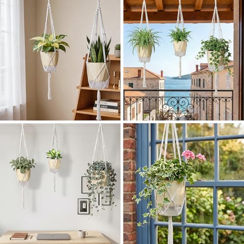 MIPON 3 Size Self Watering Hanging Planters with Macrame Plant Hanger | 2-in-1 Desktop & Hanging Baskets, With Drainage, Indoor Outdoor Plants, Boho Home Decor