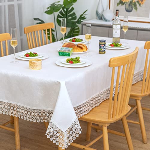 Lace Tablecloth Waterproof Fabric Washable Off White 60x84inch | Elegant Decor AntiShrink Soft Wrinkle Resistant Decorative Fabric Dining Home Holiday Party Kitchen Outdoor Indoor Home Décor - color: Florrie-white, size: 60" x 84" (Rectangle)