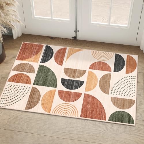 Small Rug Washable,Boho 2x3 Area Rugs Non Slip Modern Abstract | Machine Washable Throw Carpet for Entryway Bathroom Entry Entrance Bedroom Kitchen Soft Low Pile Indoor Bohemian Terracotta - color: Rust and Brown, size: 2' x 3' (Rectangular)