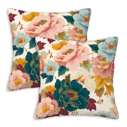Floral Throw Pillow Covers 18x18 Set of 2 | Vintage Flower Cushion Case | Boho Botanical Decorative Pillow Covers for Couch Sofa Bedroom Living Room Decor | Hidden Zipper - color: Retro Botanical