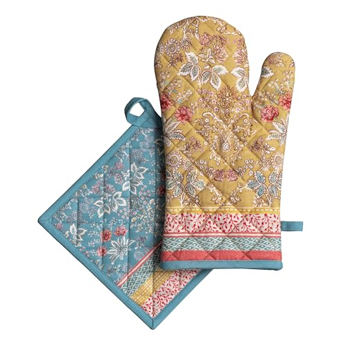 Maison d' Hermine 100% Cotton Oven Mitt & Pot Holder Set (7.5"x13" & 8"x8") | Heat Resistant BBQ Cooking Gloves with Loop Baking Grilling Kitchen Hotel Home Farmhouse Spring Summer - Marquise - color: 001 - Marquise, size: 7.5" x 13" & 8" x 8" (Oven Mitt